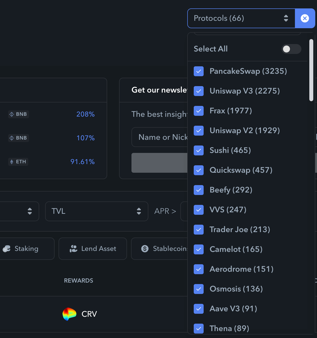 filtering in defi explore by protocol
